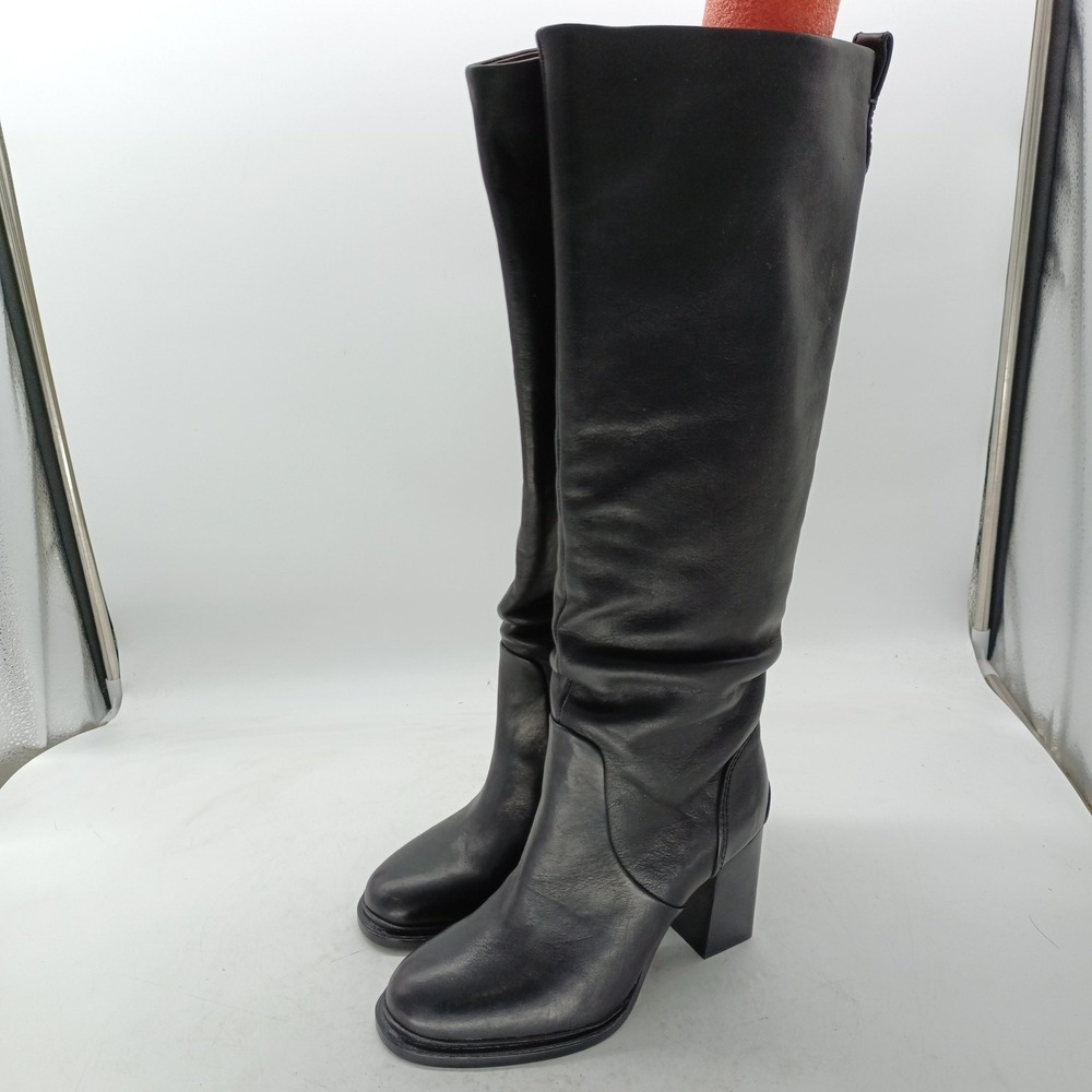 Frye Black Leather Tall Block Heel Boots